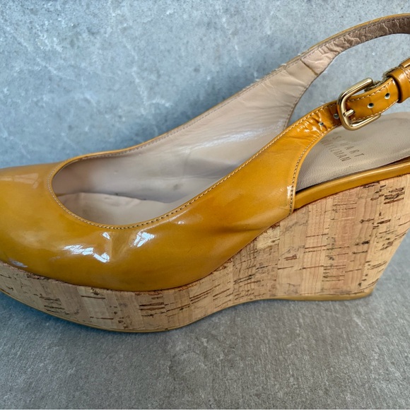 Tan patent-leather peep-toe wedges - Picture 8 of 14